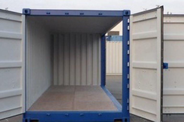 Blue storage container with doors open.